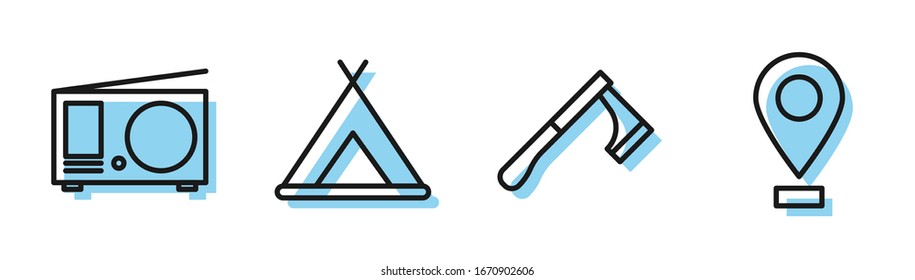 Set line Wooden axe, Radio with antenna, Tourist tent and Location icon. Vector