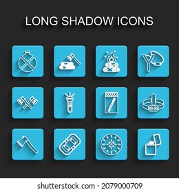 Set line Wooden axe, Rafting boat, Canteen water bottle, Compass, Lighter, Flashlight, Head flashlight and Open matchbox and matches icon. Vector