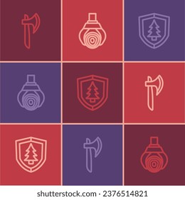 Set line Wooden axe, Shield with tree and Grapple crane grabbed log icon. Vector