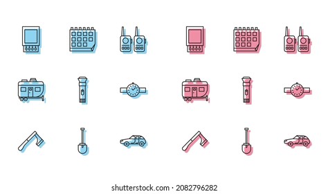 Set line Wooden axe, Shovel, Open matchbox and matches, Car, Flashlight, Wrist watch, Rv Camping trailer and Calendar icon. Vector