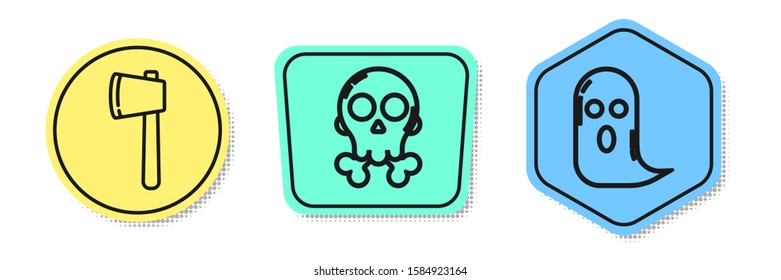 Set line Wooden axe , Skull on crossbones  and Ghost . Colored shapes. Vector