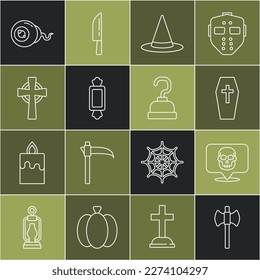 Set line Wooden axe, Skull, Coffin with cross, Witch hat, Candy, Tombstone, Eye and Pirate hook icon. Vector