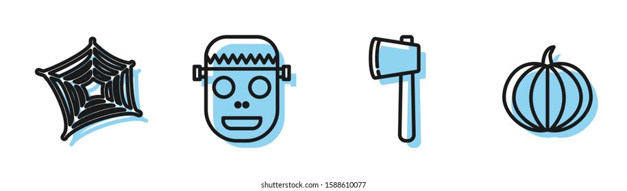 Set line Wooden axe , Spider web , Zombie mask  and Pumpkin  icon. Vector
