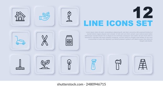 Set line Wooden axe, staircase, Gardening scissors, sprayer for water, Lawn mower, Sprout, Leaf hand and trowel spade shovel icon. Vector