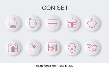 Set line Wooden axe in stump, Bathrobe, Sauna wood bench, Facial cosmetic mask, Mortar and pestle, mittens, Essential oil bottle and wooden bathhouse icon. Vector