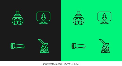 Set line Wooden axe in stump, Hand saw, Grapple crane grabbed log and Location of the forest icon. Vector