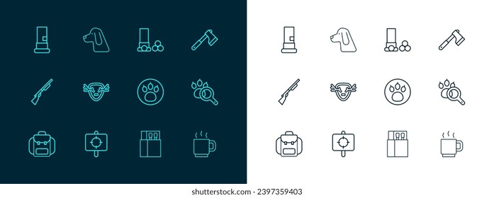 Set-Zeile Holzaxt, Zielsport, Paw-Suche, Open-Matchbox und Streichhölzer, Hirschantler auf Schild, Patronen und Jagdhundesymbol. Vektorgrafik