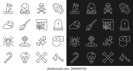 Set line Wooden axe, Toilet paper roll, Tombstone with RIP written, Skull crossbones, Witches broom, Moon and stars, Zombie hand and Spider web icon. Vector