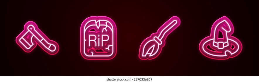 Set line Wooden axe, Tombstone with RIP written, Witches broom and hat. Glowing neon icon. Vector