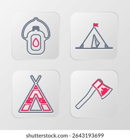 Set line Wooden axe, Tourist tent, with flag and Canteen water bottle icon. Vector