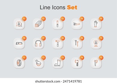 Set line Wooden axe, Waterproof rubber boot, Electric circular saw, Tree rings, Location the forest, Metallic nails and Hammer icon. Vector