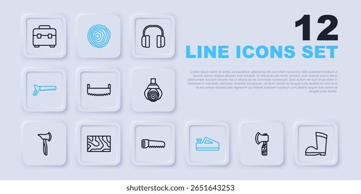 Set line Wooden axe, Waterproof rubber boot, Two-handed saw, plane tool, Hand, beam, Tree rings and  icon. Vector