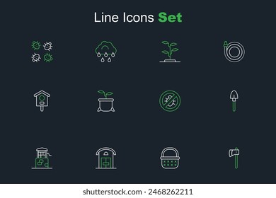Set line Wooden axe, Wicker basket, Farm house, Well, Shovel, Stop colorado beetle, Plant in pot and Bird icon. Vector