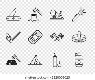 Set line Wooden axe and wood, Canteen water bottle, Tourist tent with flag, Swiss army knife, Rafting boat, Thermos container and Head flashlight icon. Vector