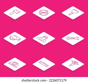 Set line Wooden axe, Wrench and arrows as workflow, Putty knife, Electric circular saw, Builder, spanner, Worker safety helmet and Construction bubble level icon. Vector