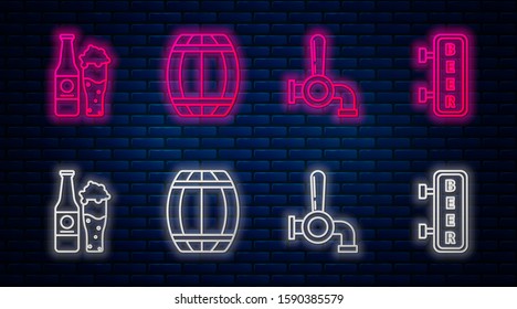 Set line Wooden barrel, Beer tap, Beer bottle and glass and Street signboard with inscription Beer. Glowing neon icon on brick wall. Vector