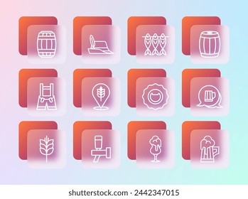 Set line Wooden barrel, Beer tap, Bottle opener, Glass of beer, Wheat, Dried fish,  and Oktoberfest hat icon. Vector