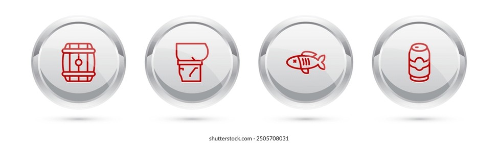 Set line Wooden barrel, Beer belly, Dried fish and can. Silver circle button. Vector