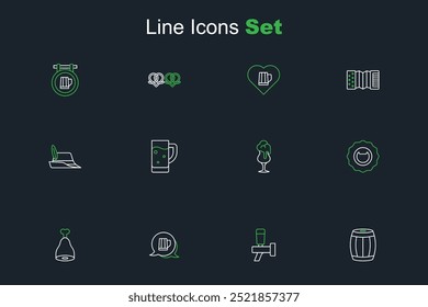 Set line Wooden barrel, Beer tap, beer mug, Chicken leg, Bottle opener, Glass of,  and Oktoberfest hat icon. Vector