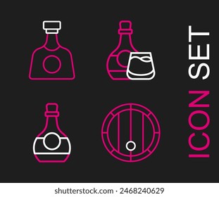 Set line Wooden barrel, Bottle of cognac or brandy, Whiskey bottle glass and Tequila icon. Vector