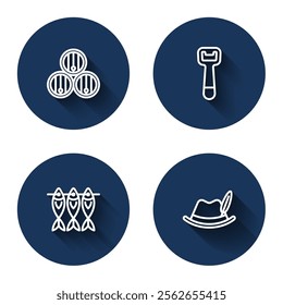 Set line Wooden barrel, Bottle opener, Dried fish and Oktoberfest hat with long shadow. Blue circle button. Vector