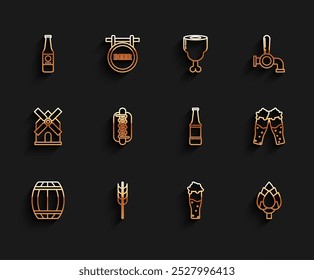 Set line Wooden barrel, Cereals set with rice, wheat, corn, oats, rye, barley, Beer bottle, Glass of beer, Hop, Hotdog sandwich mustard,  and  icon. Vector