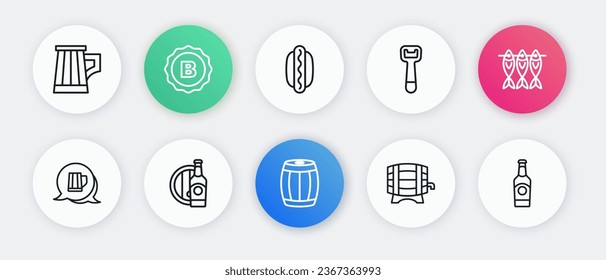 Set line Wooden barrel, Dried fish, beer mug, on rack, Bottle opener, Hotdog sandwich, Beer bottle and wooden icon. Vector