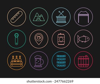 Set line Wooden barrel, Fish, Musical drum and sticks, Alcohol or beer location, Bottle opener, French baguette bread, Beer can and Mountains icon. Vector