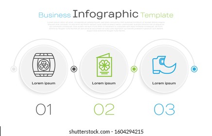 Set line Wooden barrel with four leaf clover, Saint Patricks Day flyer, brochure, postcard and Tradition leprechaun boots. Business infographic template. Vector