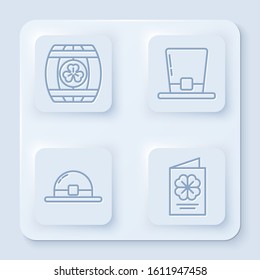Set line Wooden barrel with four leaf clover, Leprechaun hat, Leprechaun hat and Saint Patricks Day flyer, brochure, postcard. White square button. Vector