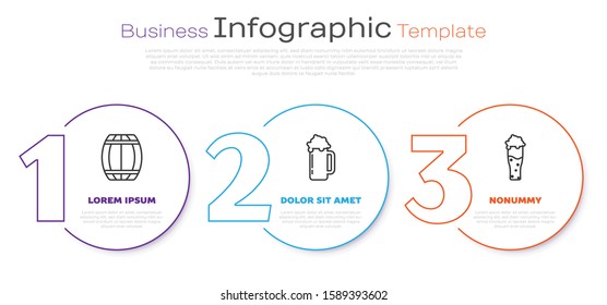 Set line Wooden barrel, Glass of beer and Glass of beer. Business infographic template. Vector