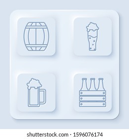 Set line Wooden barrel, Glass of beer, Glass of beer and Pack of beer bottles. White square button. Vector