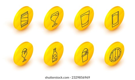 Set line Wooden barrel, Glass of beer, Beer bottle, Shot glass, Wine and can icon. Vector