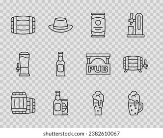 Set line Wooden barrel, Glass of beer, Beer can, bottle and,  and  icon. Vector