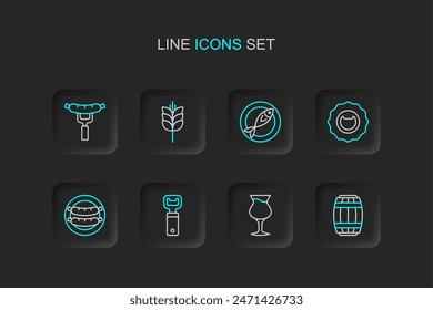 Set line Wooden barrel, Glass of beer, Bottle opener, Sausage, Dried fish, Wheat and on the fork icon. Vector