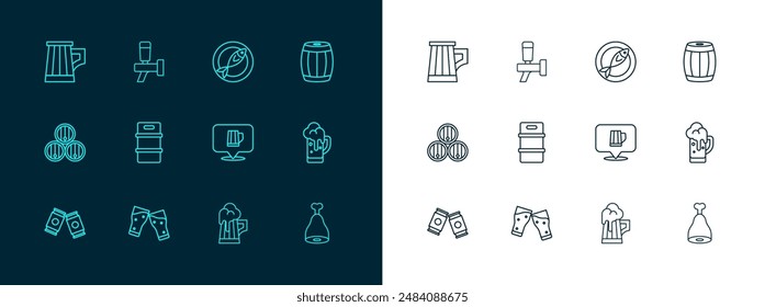 Set line Wooden barrel, Glass of beer, mug, Metal keg, Dried fish,  and Beer tap icon. Vector