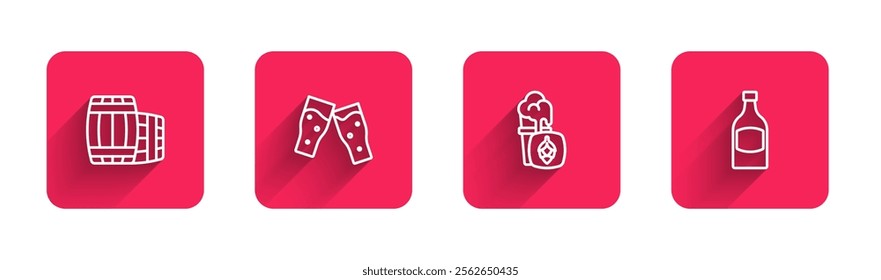 Set line Wooden barrel, Glass of beer,  and Beer bottle with long shadow. Red square button. Vector