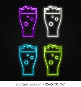 Set line Wooden barrel, Glass of beer, Bottle cap and Beer tap. Glowing neon icon. Vector.