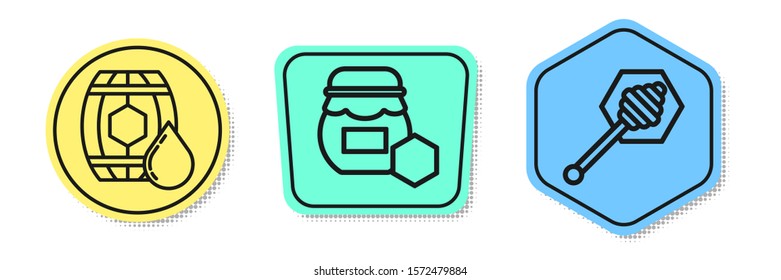 Set line Wooden barrel with honey, Jar of honey and Honey dipper stick. Colored shapes. Vector