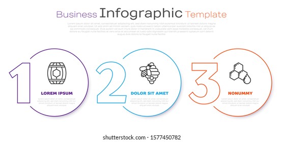 Set line Wooden barrel with honey, Hive for bees and Honeycomb. Business infographic template. Vector