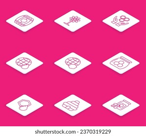 Set line Wooden barrel with honey, Flower, Honeycomb and hands, map of the world, Jar,  and Hive for bees icon. Vector