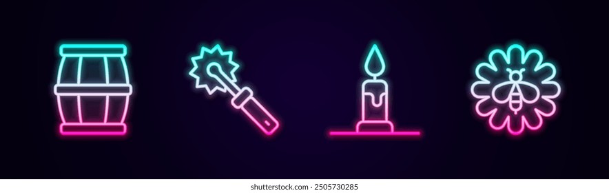 Set line Wooden barrel with honey, Cutter roll for, Burning candle and Bee flower. Glowing neon icon. Vector