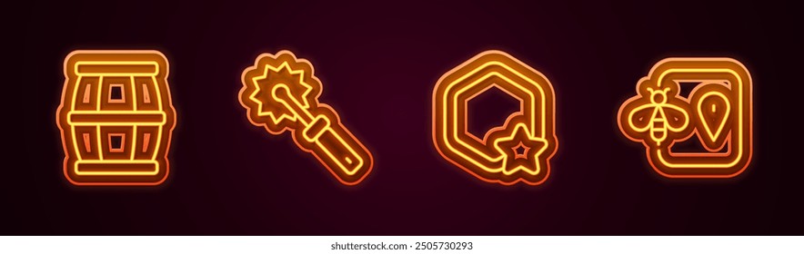Set line Wooden barrel with honey, Cutter roll for, Honeycomb and Bee location. Glowing neon icon. Vector