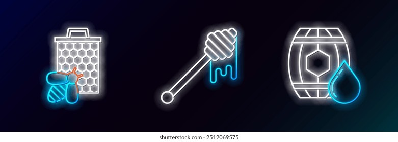 Set line Wooden barrel with honey, Bee and honeycomb and Honey dipper stick dripping icon. Glowing neon. Vector