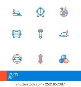 Set line Wooden barrel, Hotdog sandwich, Sausage, Oktoberfest hat, on rack, Bottle opener, Street signboard with beer and  icon. Vector