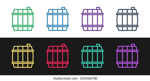 Set line Wooden barrel icon isolated on black and white background. Alcohol barrel, drink container, wooden keg for beer, whiskey, wine.  Vector Illustration