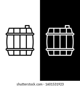 Set line Wooden barrel icon isolated on black and white background. Alcohol barrel, drink container, wooden keg for beer, whiskey, wine.  Vector Illustration