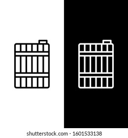 Set line Wooden barrel icon isolated on black and white background. Alcohol barrel, drink container, wooden keg for beer, whiskey, wine.  Vector Illustration