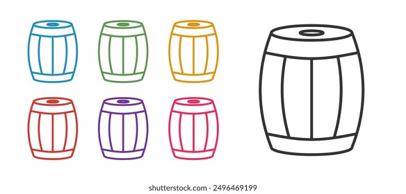 Set line Wooden barrel icon isolated on white background. Alcohol barrel, drink container, wooden keg for beer, whiskey, wine. Set icons colorful. Vector