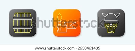Set line Wooden barrel, Medieval spear and Skull with viking helmet icon. Vector